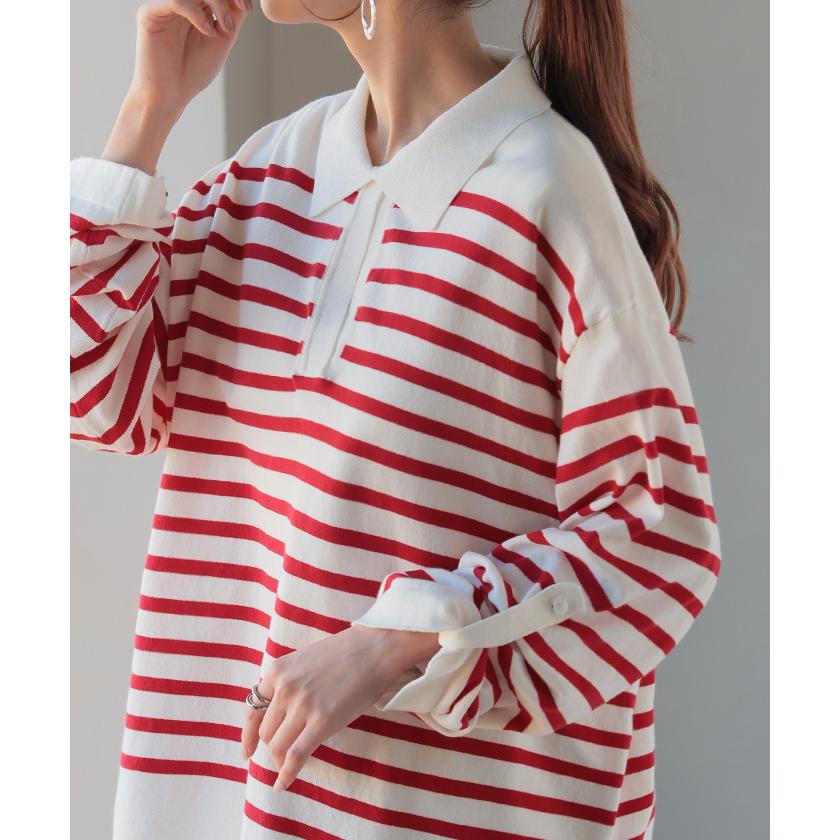 トップス ロンT 襟付き ボーダー ニット レディース 綿100％ 長袖 Tシャツ カットソー ロング ティーシャツ チュニック | HUG.U | 11