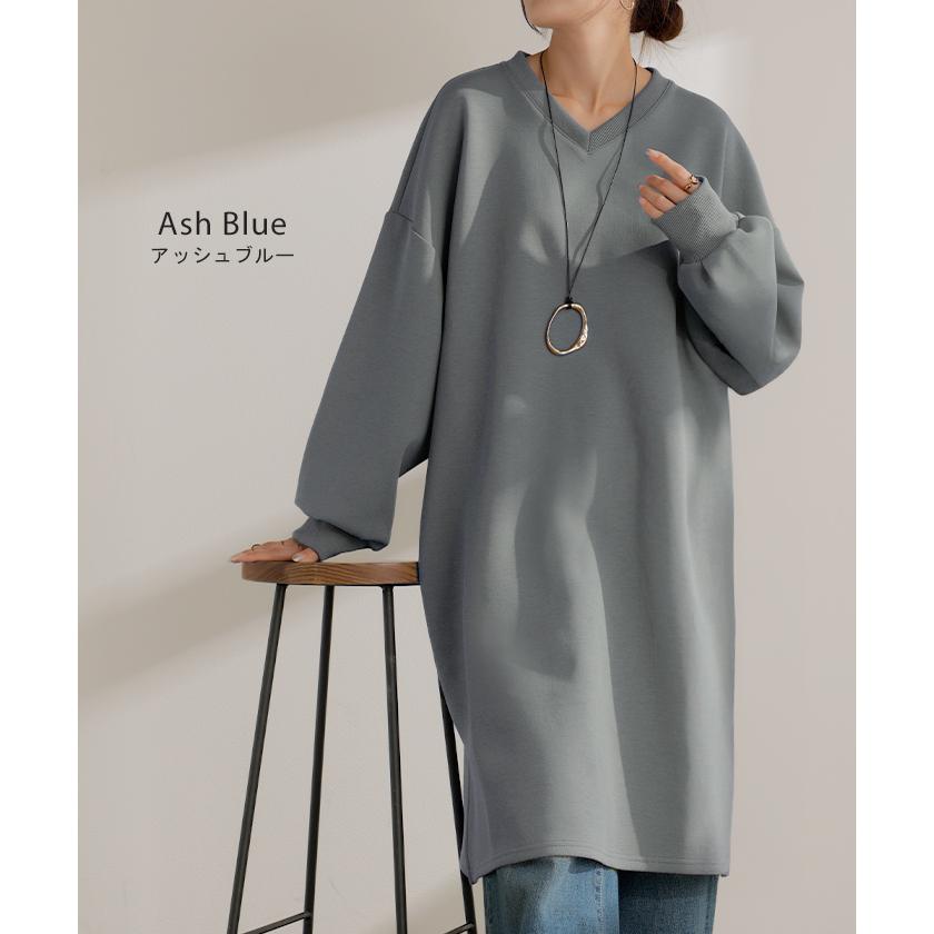 ワンピース ダンボール チュニック レディース トップス ロング スウェット プルオーバー シワになりにくい 無地 長袖 ワンピ クルーネック リブ レイヤード | HUG.U | 20