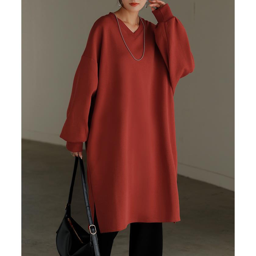 ワンピース ダンボール チュニック レディース トップス ロング スウェット プルオーバー シワになりにくい 無地 長袖 ワンピ クルーネック リブ レイヤード | HUG.U | 09