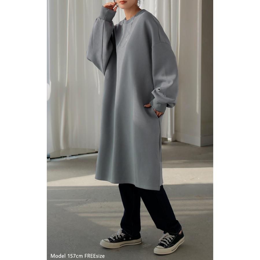 ワンピース ダンボール チュニック レディース トップス ロング スウェット プルオーバー シワになりにくい 無地 長袖 ワンピ クルーネック リブ レイヤード | HUG.U | 10