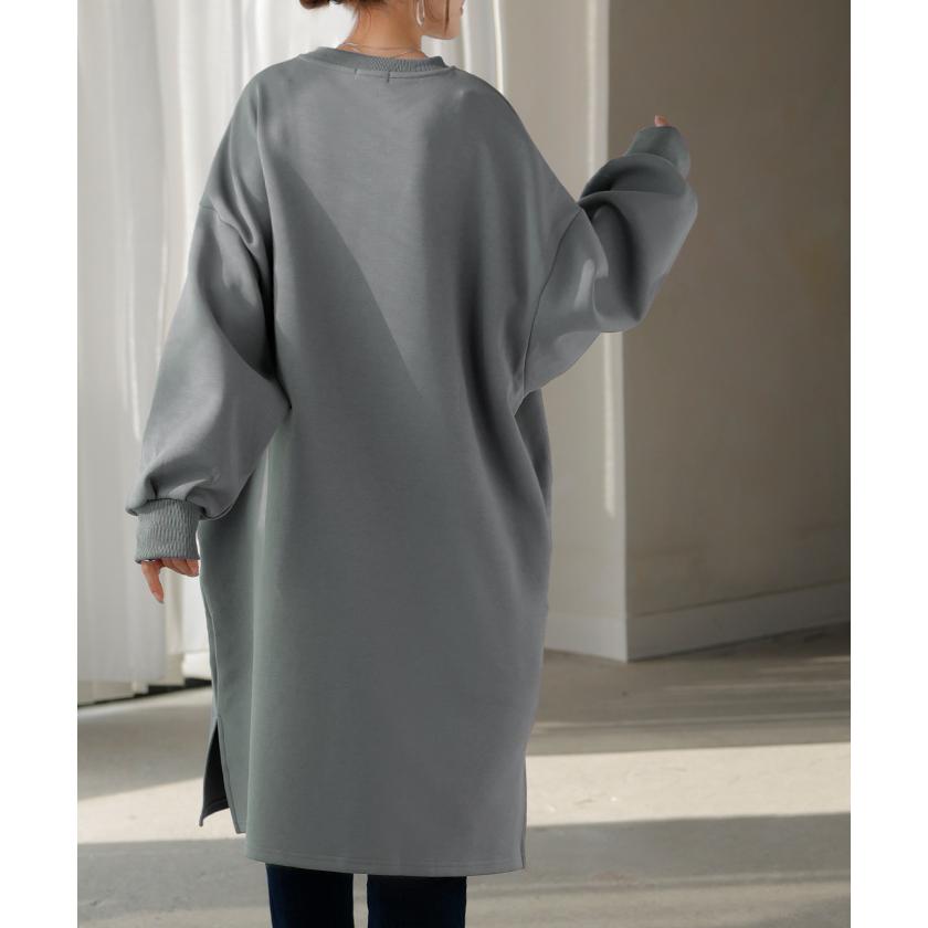 ワンピース ダンボール チュニック レディース トップス ロング スウェット プルオーバー シワになりにくい 無地 長袖 ワンピ クルーネック リブ レイヤード | HUG.U | 13