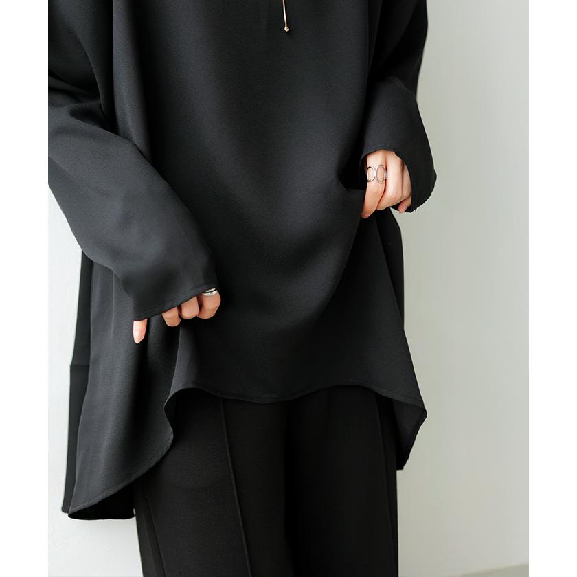 シャツ シアー シフォン ノーカラー トップス レディース Aライン クルーネック ブラウス ロング ロングシャツ | HUG.U | 12