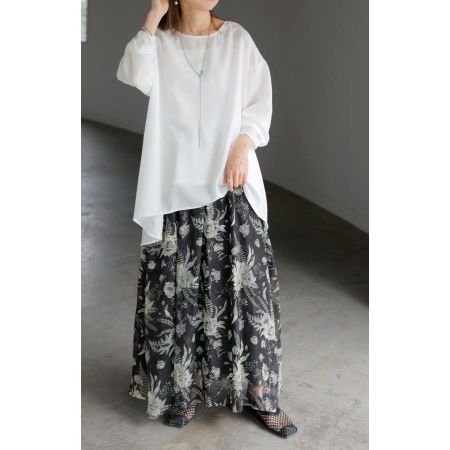 シャツ シアー シフォン ノーカラー トップス レディース Aライン クルーネック ブラウス ロング ロングシャツ | HUG.U | 16