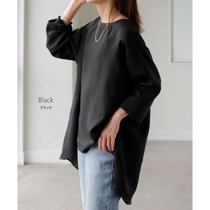 シャツ シアー シフォン ノーカラー トップス レディース Aライン クルーネック ブラウス ロング ロングシャツ | HUG.U | 17