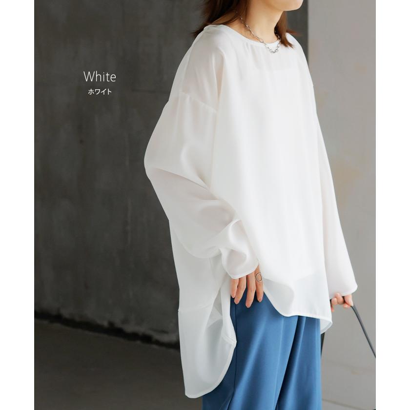 シャツ シアー シフォン ノーカラー トップス レディース Aライン クルーネック ブラウス ロング ロングシャツ | HUG.U | 19