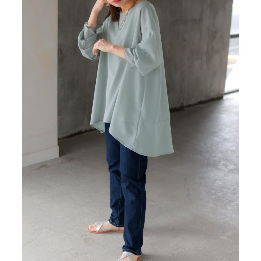 シャツ シアー シフォン ノーカラー トップス レディース Aライン クルーネック ブラウス ロング ロングシャツ | HUG.U | 21