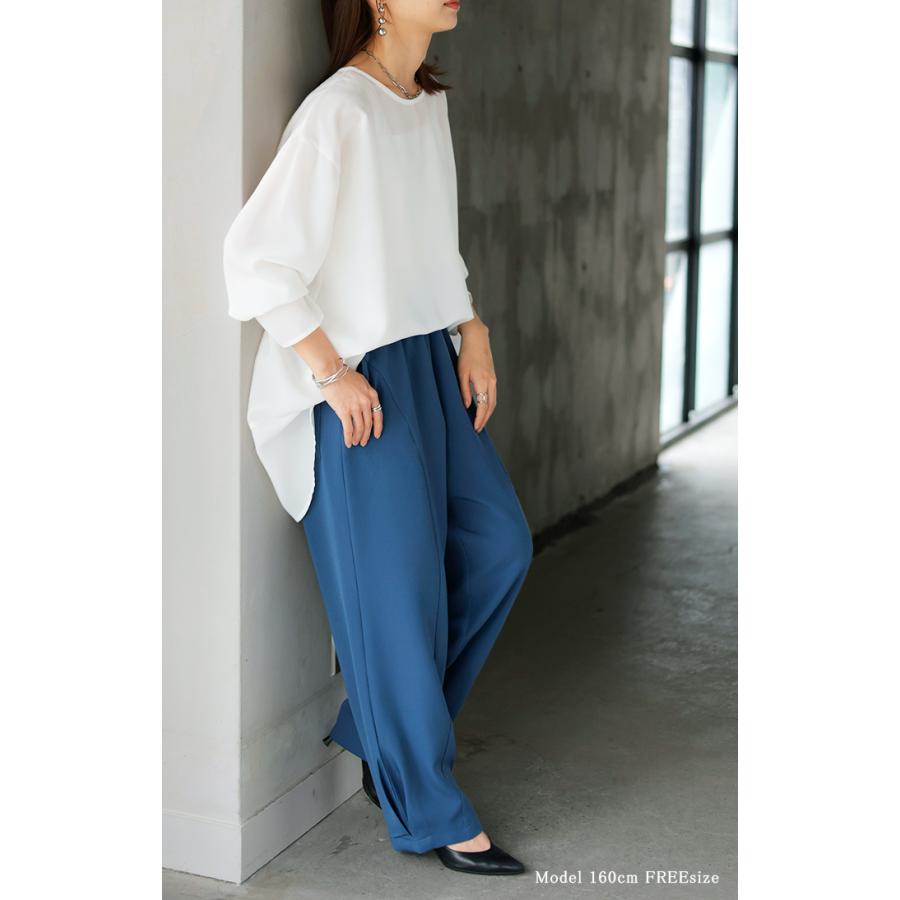 シャツ シアー シフォン ノーカラー トップス レディース Aライン クルーネック ブラウス ロング ロングシャツ | HUG.U | 05