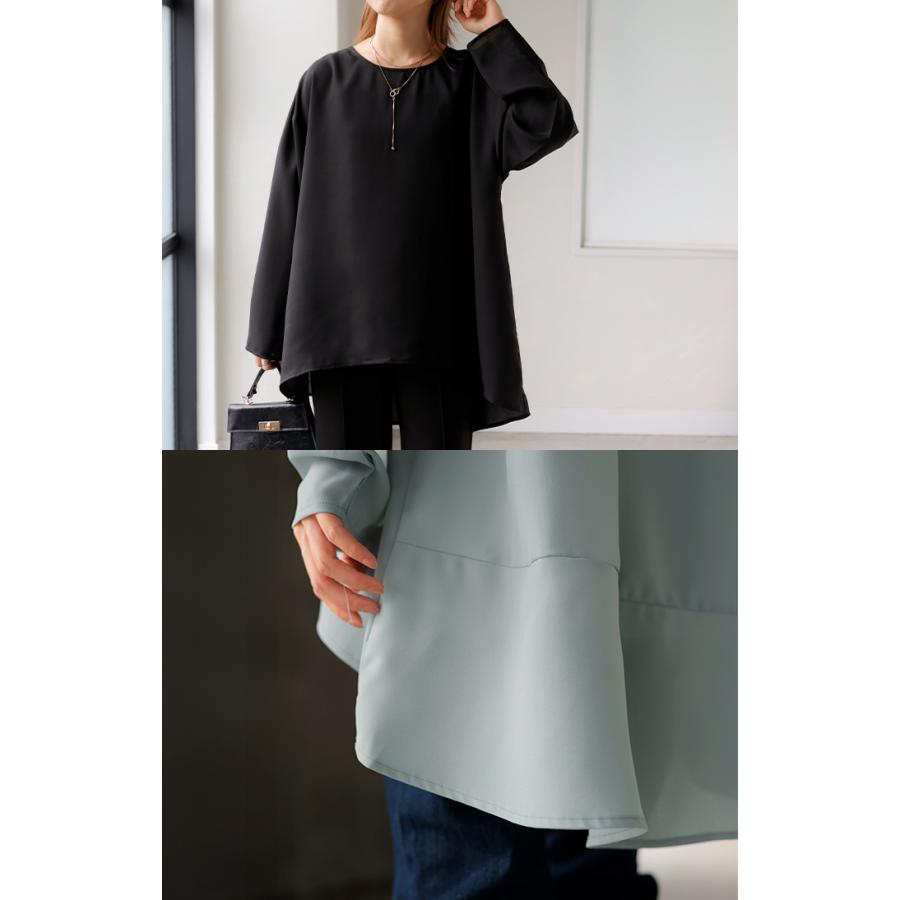 シャツ シアー シフォン ノーカラー トップス レディース Aライン クルーネック ブラウス ロング ロングシャツ | HUG.U | 06