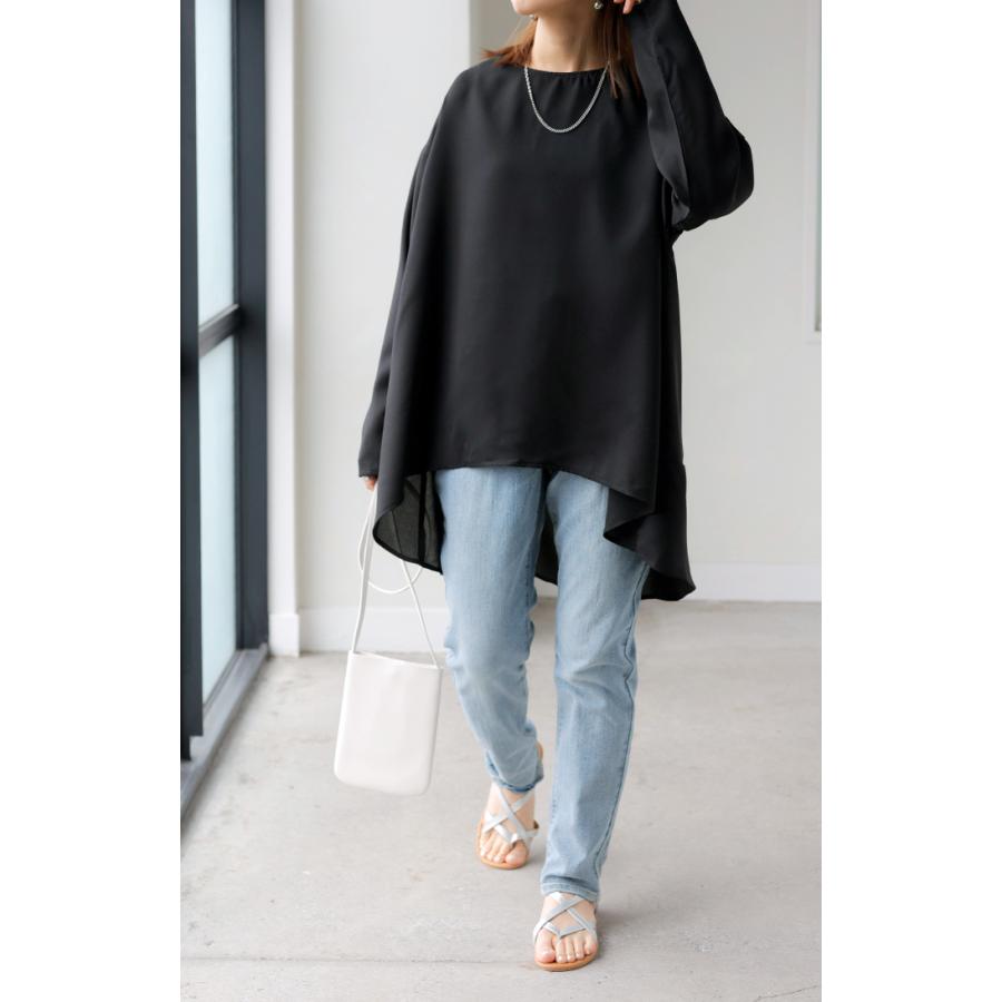 シャツ シアー シフォン ノーカラー トップス レディース Aライン クルーネック ブラウス ロング ロングシャツ | HUG.U | 09