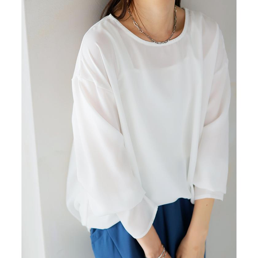 シャツ シアー シフォン ノーカラー トップス レディース Aライン クルーネック ブラウス ロング ロングシャツ | HUG.U | 11