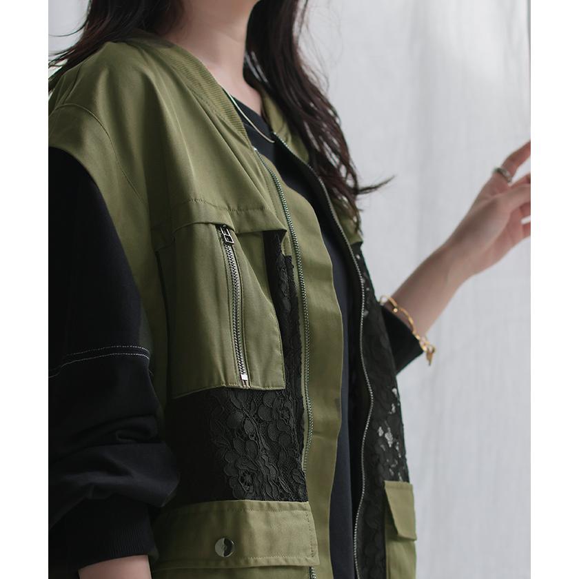 ベスト ジレ レース レディース トップス アウター ノーカラー Vネック ロング ロングジレ ノースリーブ | HUG.U | 18