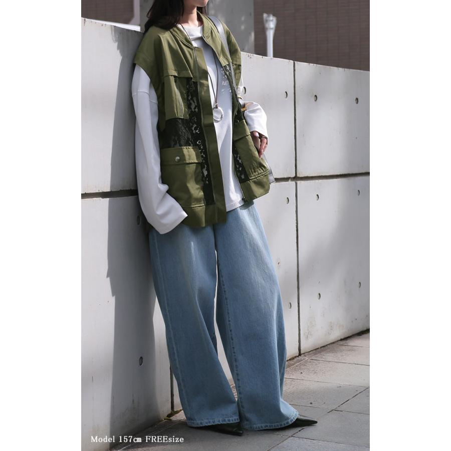 ベスト ジレ レース レディース トップス アウター ノーカラー Vネック ロング ロングジレ ノースリーブ | HUG.U | 21