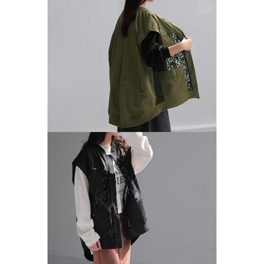 ベスト ジレ レース レディース トップス アウター ノーカラー Vネック ロング ロングジレ ノースリーブ | HUG.U | 04