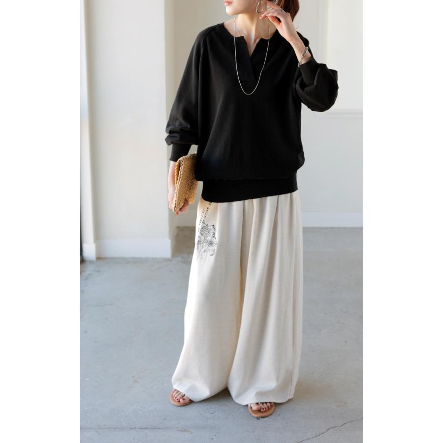 ニット 綿100 ロング レディース トップス セーター オーバー プルオーバー 長袖 長い ボリュームスリーブ Vネック チクチクしない キーネック ラグラン リブ | HUG.U | 24