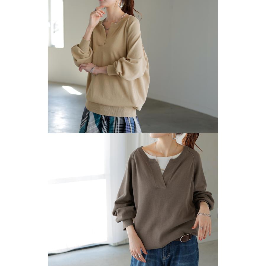 ニット 綿100 ロング レディース トップス セーター オーバー プルオーバー 長袖 長い ボリュームスリーブ Vネック チクチクしない キーネック ラグラン リブ | HUG.U | 07