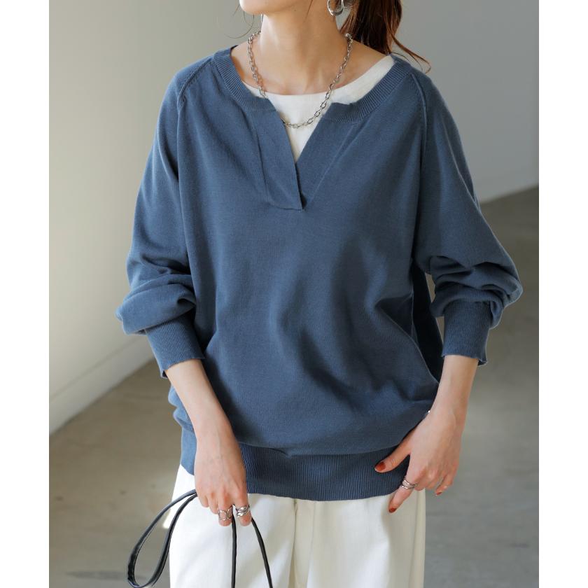 ニット 綿100 ロング レディース トップス セーター オーバー プルオーバー 長袖 長い ボリュームスリーブ Vネック チクチクしない キーネック ラグラン リブ | HUG.U | 09