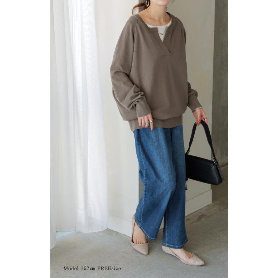 ニット 綿100 ロング レディース トップス セーター オーバー プルオーバー 長袖 長い ボリュームスリーブ Vネック チクチクしない キーネック ラグラン リブ | HUG.U | 10