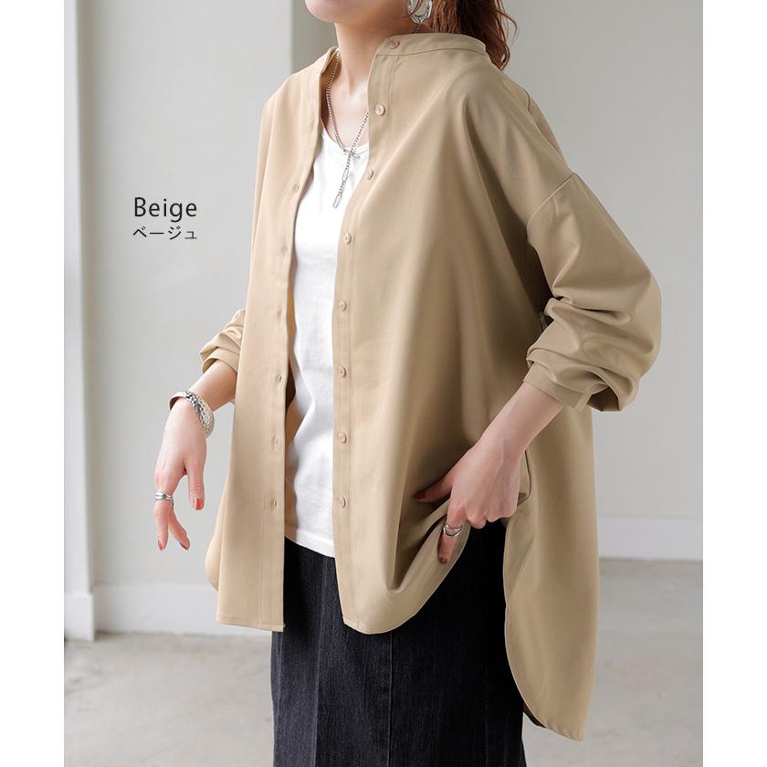 パラスパレス リネン100% ノーカラー ロングシャツ チュニック ブルー HUG.U シャツ ぽわん袖 レディース トップス ブラウス ロング