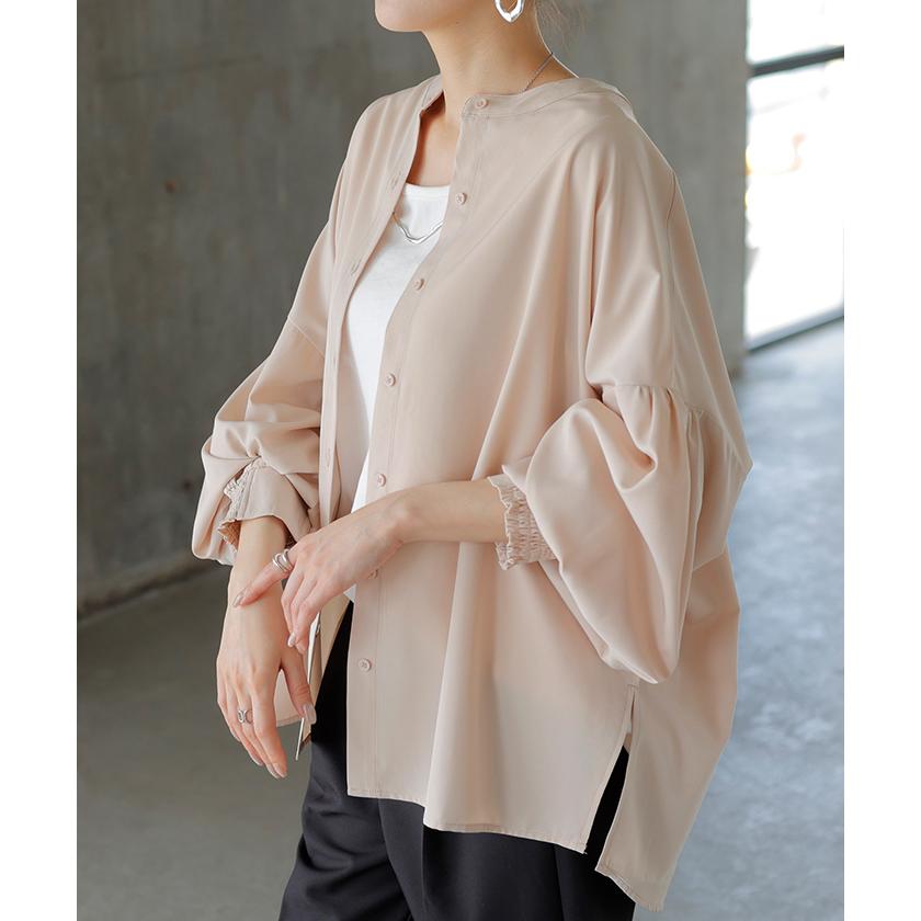 シャツ レディース ノーカラー トップス ストレッチ バンドカラー ブラウス ロング ロングシャツ チュニック スリット 長袖 無地 羽織 ライトアウター きれいめ | HUG.U | 13