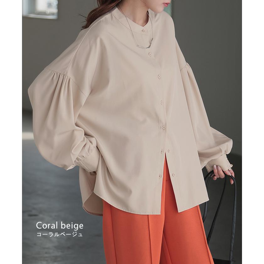 シャツ レディース ノーカラー トップス ストレッチ バンドカラー ブラウス ロング ロングシャツ チュニック スリット 長袖 無地 羽織 ライトアウター きれいめ | HUG.U | 16