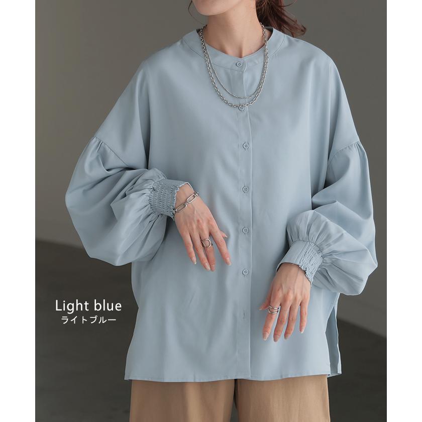 シャツ レディース ノーカラー トップス ストレッチ バンドカラー ブラウス ロング ロングシャツ チュニック スリット 長袖 無地 羽織 ライトアウター きれいめ | HUG.U | 19