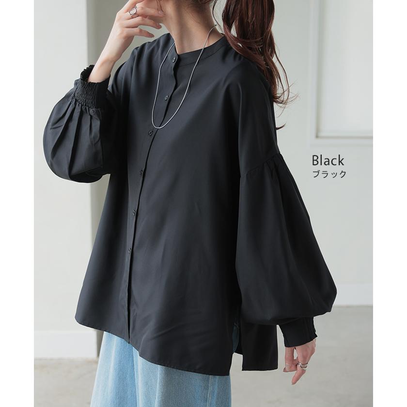 シャツ レディース ノーカラー トップス ストレッチ バンドカラー ブラウス ロング ロングシャツ チュニック スリット 長袖 無地 羽織 ライトアウター きれいめ | HUG.U | 20