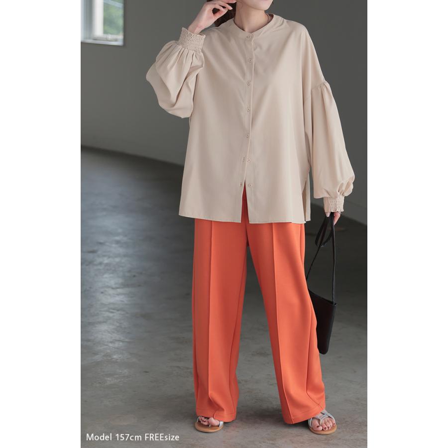 シャツ レディース ノーカラー トップス ストレッチ バンドカラー ブラウス ロング ロングシャツ チュニック スリット 長袖 無地 羽織 ライトアウター きれいめ | HUG.U | 07