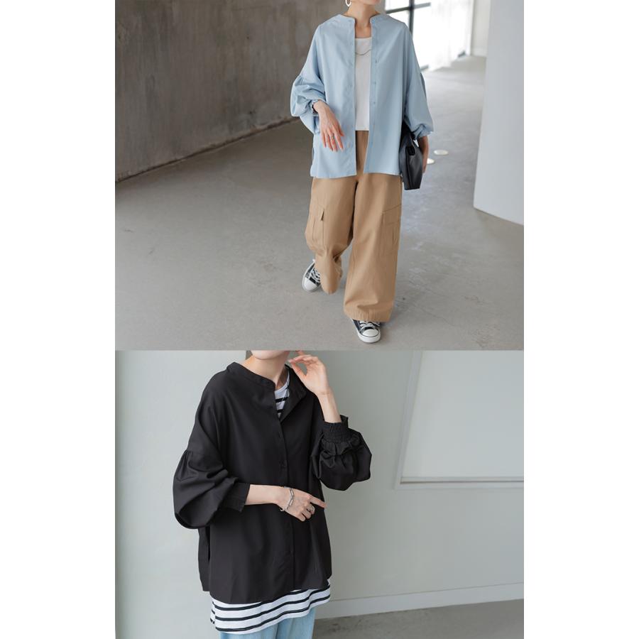 シャツ レディース ノーカラー トップス ストレッチ バンドカラー ブラウス ロング ロングシャツ チュニック スリット 長袖 無地 羽織 ライトアウター きれいめ | HUG.U | 10