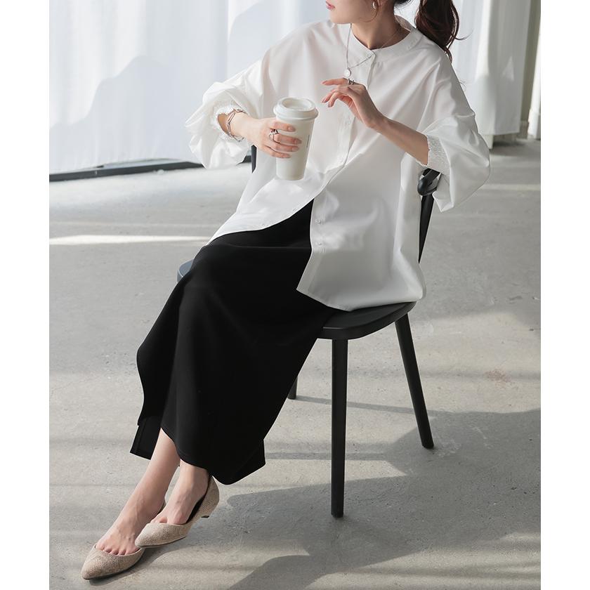 シャツ レディース ノーカラー トップス ストレッチ バンドカラー ブラウス ロング ロングシャツ チュニック スリット 長袖 無地 羽織 ライトアウター きれいめ | HUG.U | 12