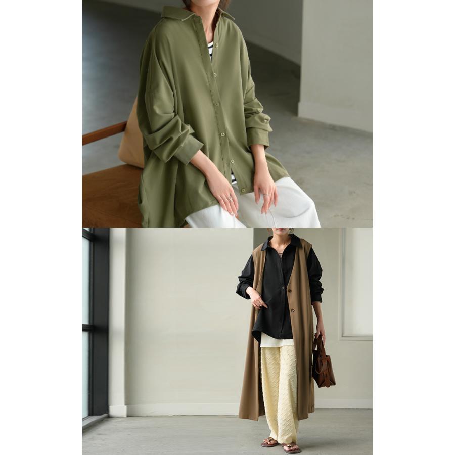 シャツ チュニック ロング レディース トップス ロングシャツ ブラウス ロングブラウス  Vネック 無地 ドロスト ゆったり シンプル 大きいサイズ 体型カバー | HUG.U | 11