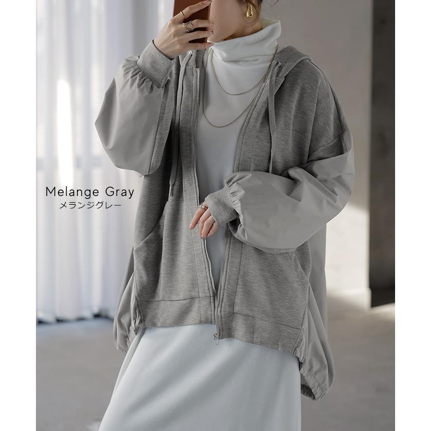 パーカー ポンチ シャツ スポーティー アウター レディース チュニック 異素材 ライトアウター トップス ジップアップ フード フーディー ビッグ ゆったり | HUG.U | 15