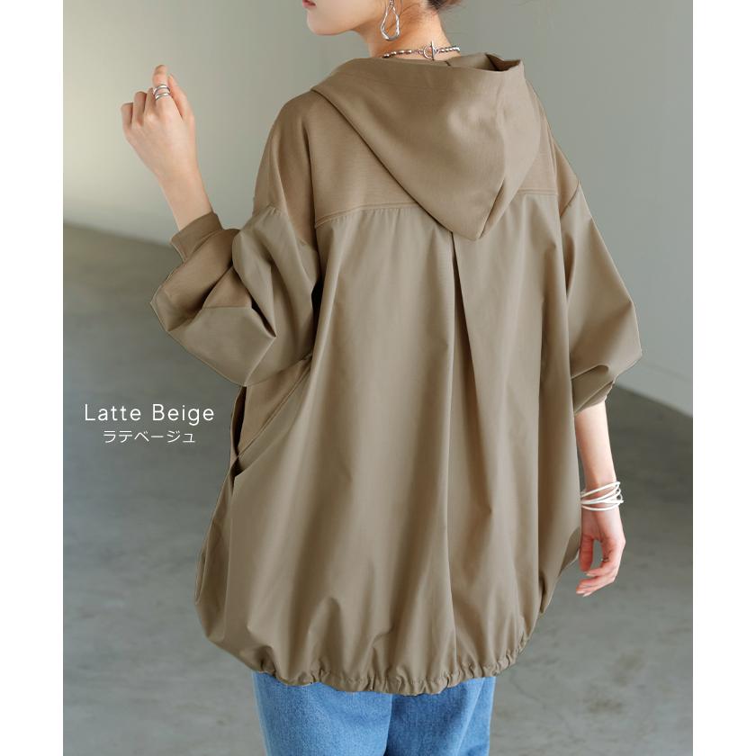 パーカー ポンチ シャツ スポーティー アウター レディース チュニック 異素材 ライトアウター トップス ジップアップ フード フーディー ビッグ ゆったり | HUG.U | 16