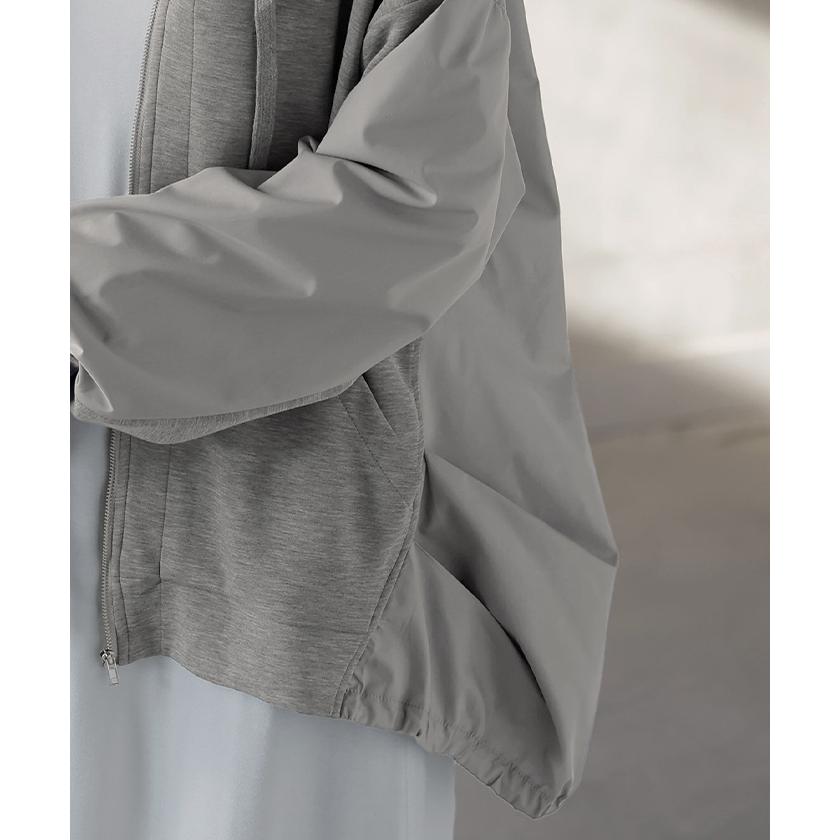 パーカー ポンチ シャツ スポーティー アウター レディース チュニック 異素材 ライトアウター トップス ジップアップ フード フーディー ビッグ ゆったり | HUG.U | 17