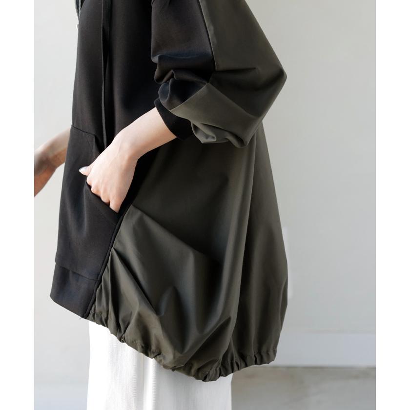 パーカー ポンチ シャツ スポーティー アウター レディース チュニック 異素材 ライトアウター トップス ジップアップ フード フーディー ビッグ ゆったり | HUG.U | 17