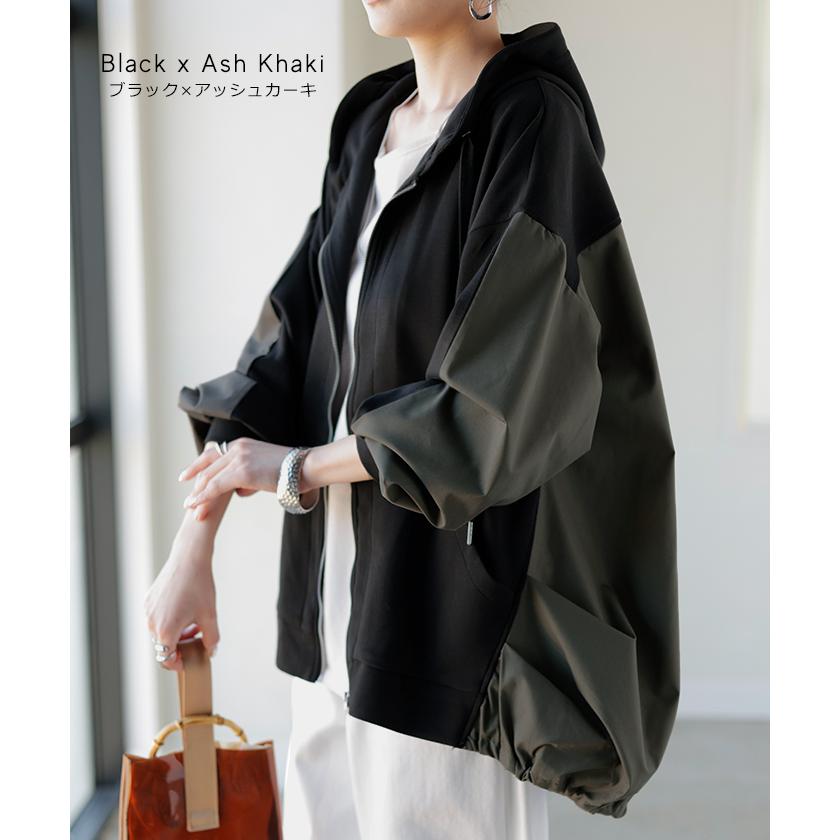 パーカー ポンチ シャツ スポーティー アウター レディース チュニック 異素材 ライトアウター トップス ジップアップ フード フーディー ビッグ ゆったり | HUG.U | 20