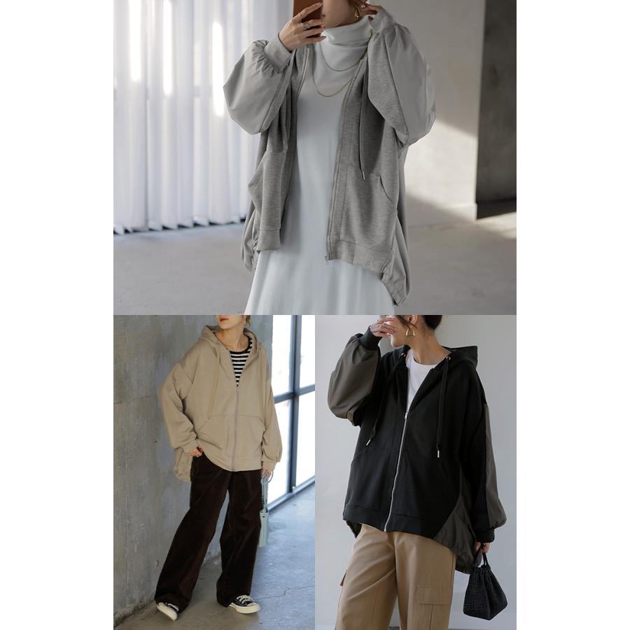 パーカー ポンチ シャツ スポーティー アウター レディース チュニック 異素材 ライトアウター トップス ジップアップ フード フーディー ビッグ ゆったり | HUG.U | 21