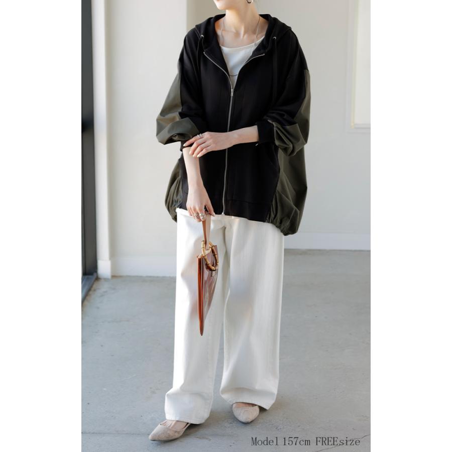 パーカー ポンチ シャツ スポーティー アウター レディース チュニック 異素材 ライトアウター トップス ジップアップ フード フーディー ビッグ ゆったり | HUG.U | 23