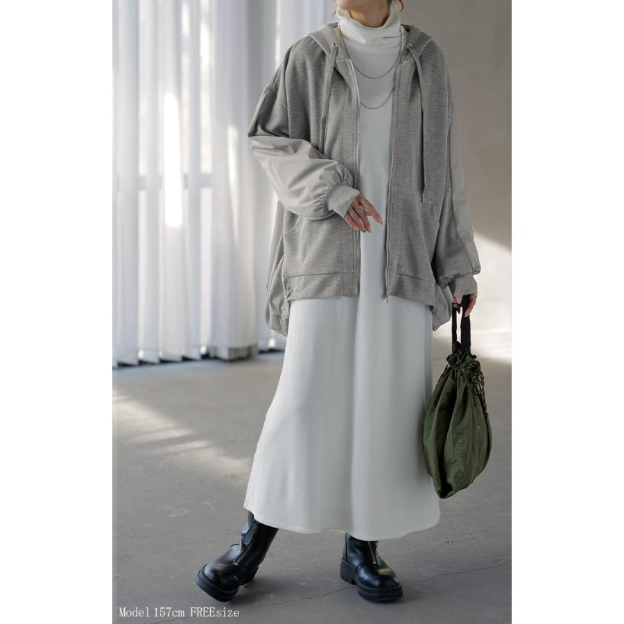 パーカー ポンチ シャツ スポーティー アウター レディース チュニック 異素材 ライトアウター トップス ジップアップ フード フーディー ビッグ ゆったり | HUG.U | 06
