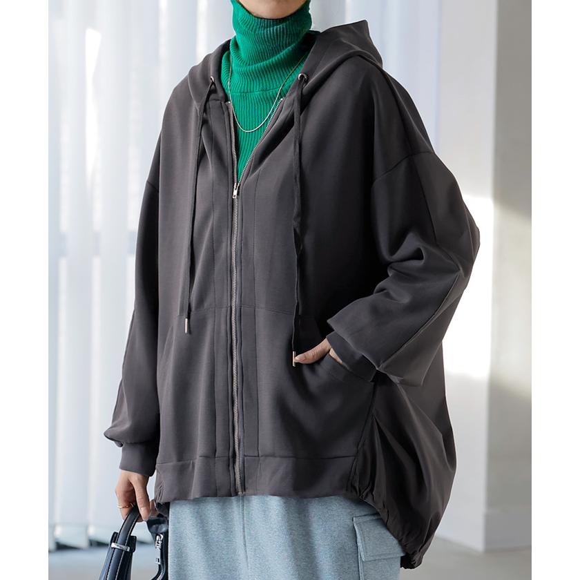 パーカー ポンチ シャツ スポーティー アウター レディース チュニック 異素材 ライトアウター トップス ジップアップ フード フーディー ビッグ ゆったり | HUG.U | 08