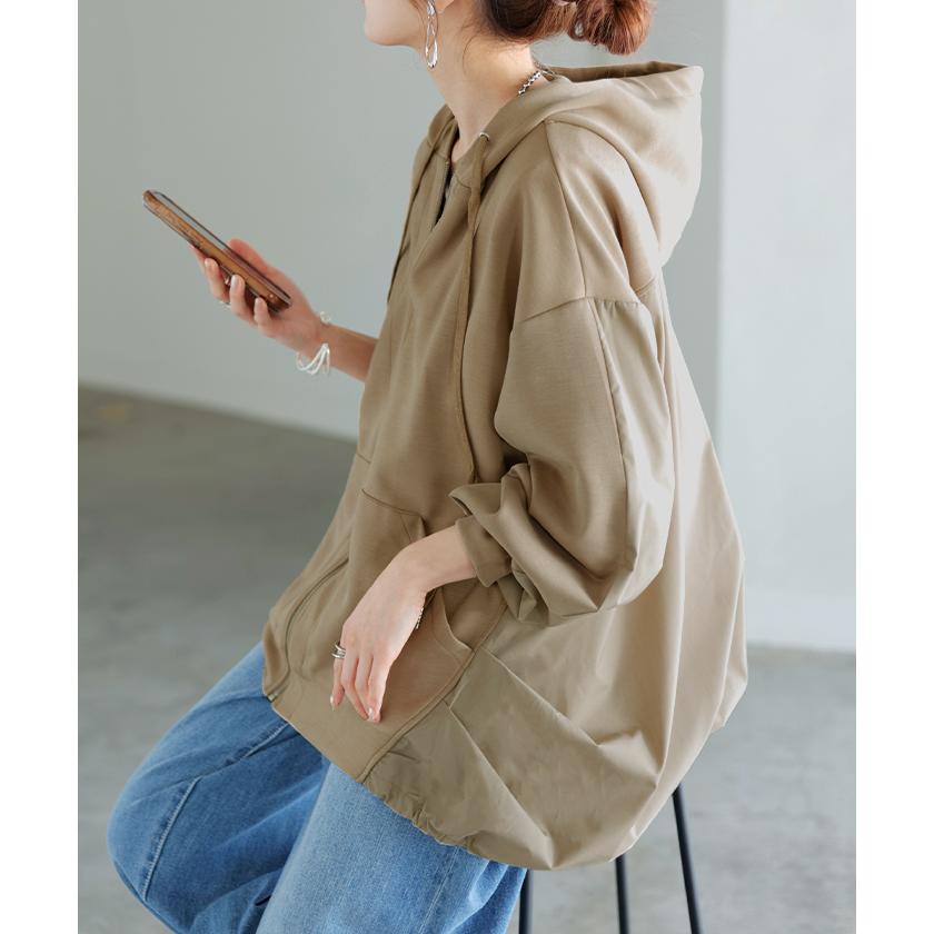 パーカー ポンチ シャツ スポーティー アウター レディース チュニック 異素材 ライトアウター トップス ジップアップ フード フーディー ビッグ ゆったり | HUG.U | 08