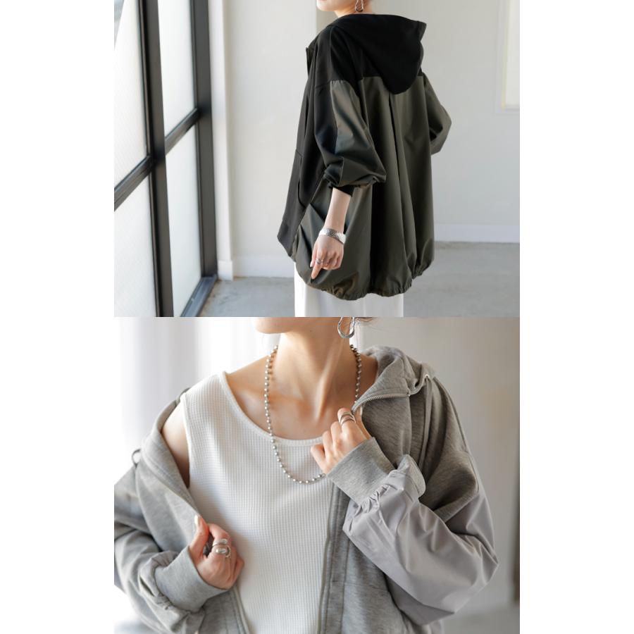 パーカー ポンチ シャツ スポーティー アウター レディース チュニック 異素材 ライトアウター トップス ジップアップ フード フーディー ビッグ ゆったり | HUG.U | 09