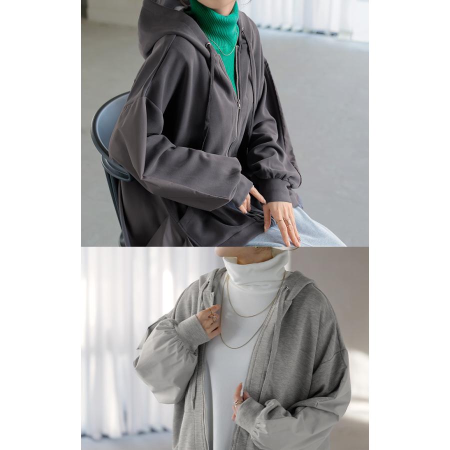 パーカー ポンチ シャツ スポーティー アウター レディース チュニック 異素材 ライトアウター トップス ジップアップ フード フーディー ビッグ ゆったり | HUG.U | 11