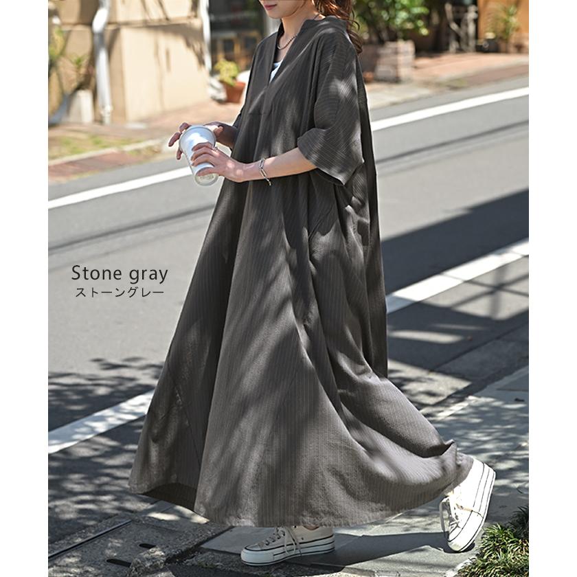 HUG.U ワンピース シャツ 大判 ストライプ シャツワンピース ノーカラ