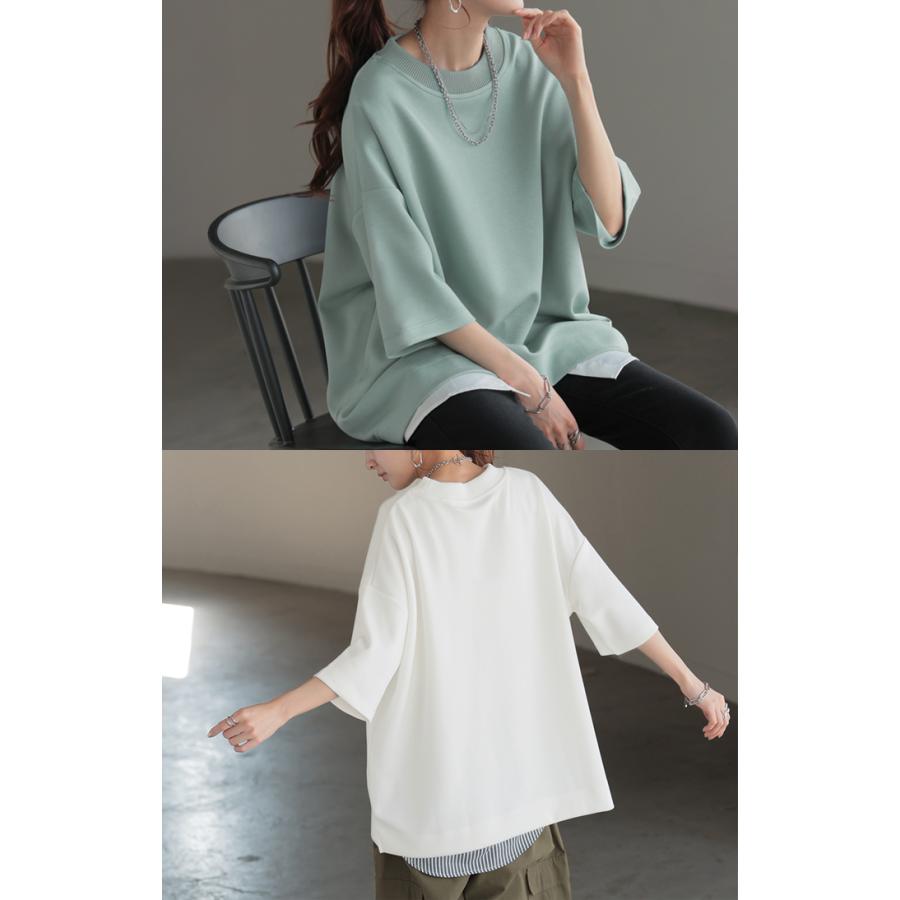 トップス Tシャツ ロンT レディース ポンチ生地 ストレッチ 半袖 長袖 Tシャツ カットソー ロング | HUG.U | 16