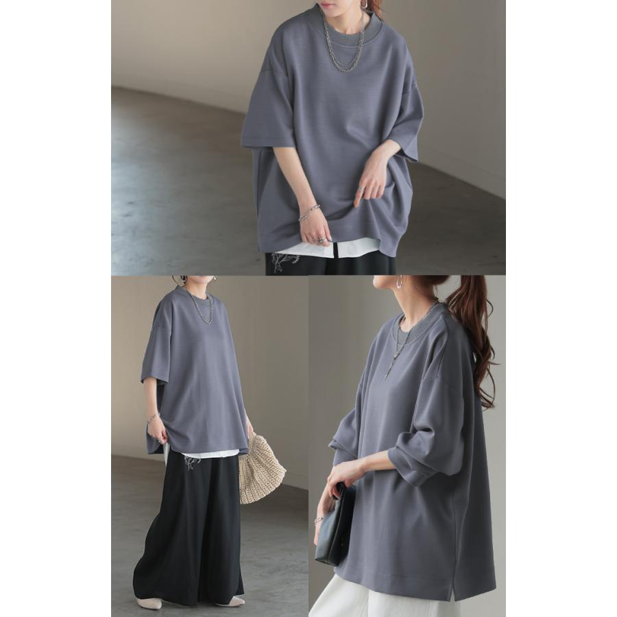 トップス Tシャツ ロンT レディース ポンチ生地 ストレッチ 半袖 長袖 Tシャツ カットソー ロング | HUG.U | 22