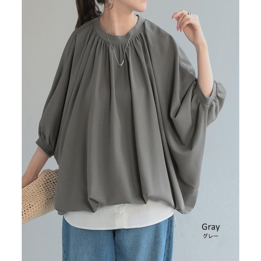 シャツ レディース ノーカラー トップス バンドカラー ドルマン ブラウス ロング ロングシャツ チュニック | HUG.U | 17