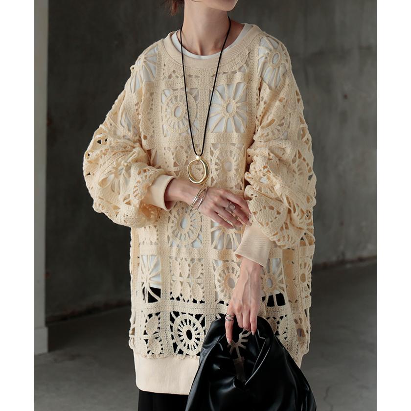 ニット 透かし編み レディース トップス オーバー メッシュ クロシェ編み かぎ編み プルオーバー ロング 長袖 | HUG.U | 06