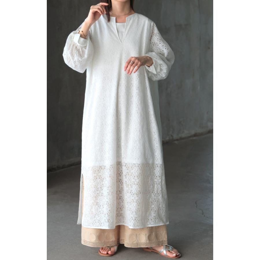 SALE ワンピース 総 レース ロング 長袖 ワンピ 花柄 ダイヤ 透かし編み 透け レディース キーネック 別売り セットアップ 可能 | HUG.U | 16
