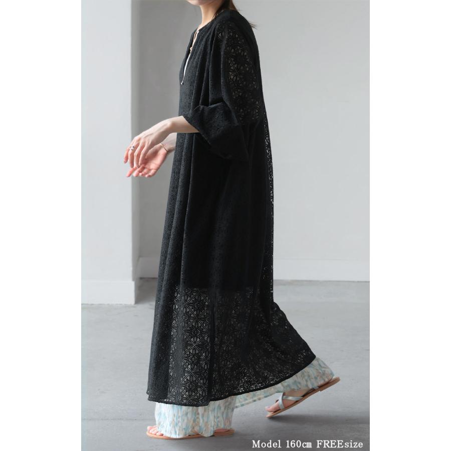 SALE ワンピース 総 レース ロング 長袖 ワンピ 花柄 ダイヤ 透かし編み 透け レディース キーネック 別売り セットアップ 可能 | HUG.U | 05