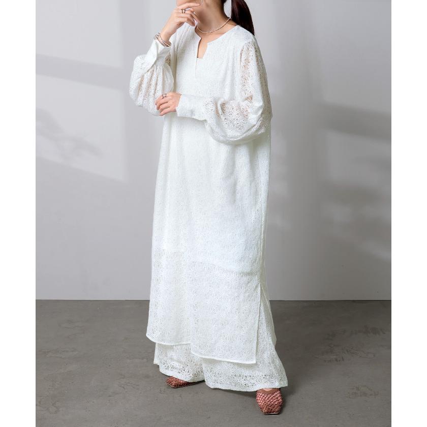 SALE ワンピース 総 レース ロング 長袖 ワンピ 花柄 ダイヤ 透かし編み 透け レディース キーネック 別売り セットアップ 可能 | HUG.U | 06
